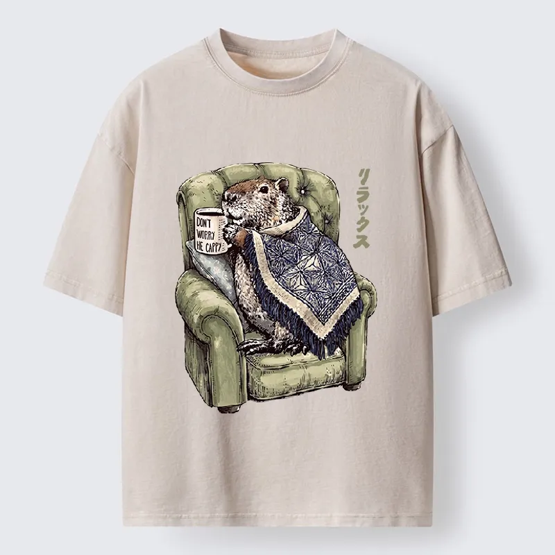 Tokyo-Tiger Relax Capybara Cozy Sofa Warm Blanket Washed T-Shirt