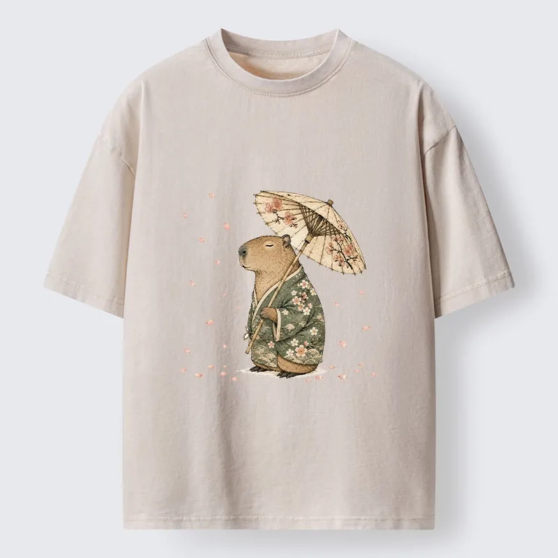 Tokyo-Tiger Relaxed Capybara Spring Sakura Kimono Art Washed T-Shirt