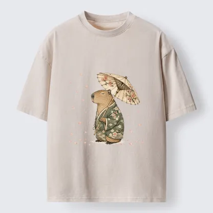 Tokyo-Tiger Relaxed Capybara Spring Sakura Kimono Art Washed T-Shirt