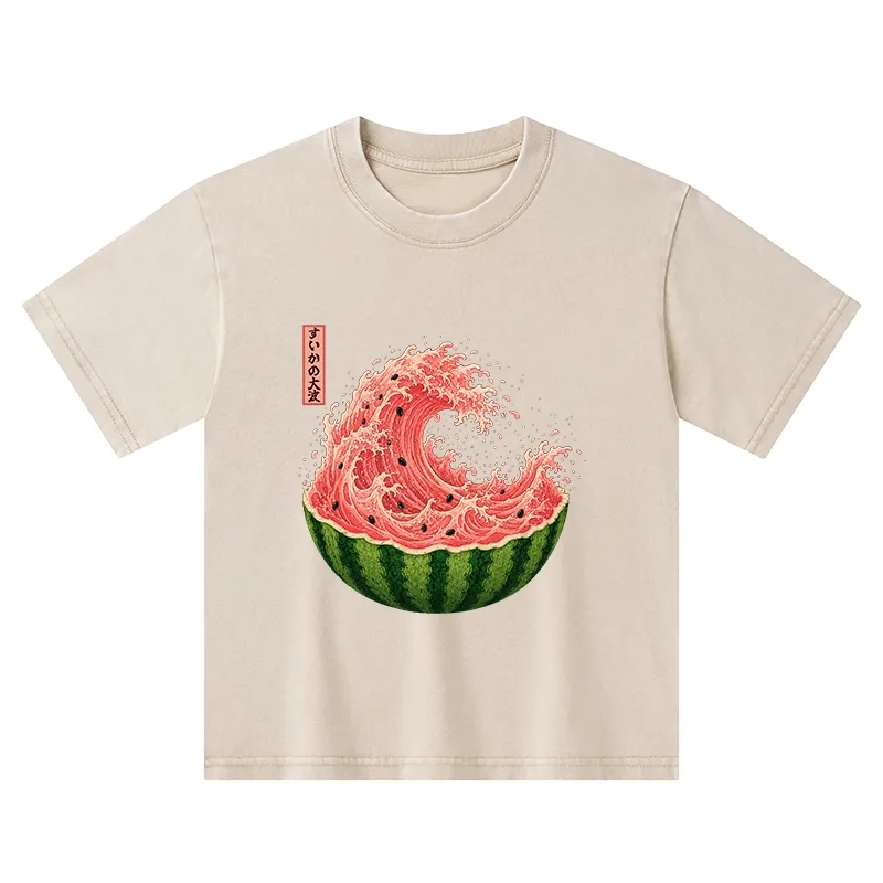 Tokyo-Tiger Watermelon Wave Summer Ukiyo Art Kids Washed T-Shirt