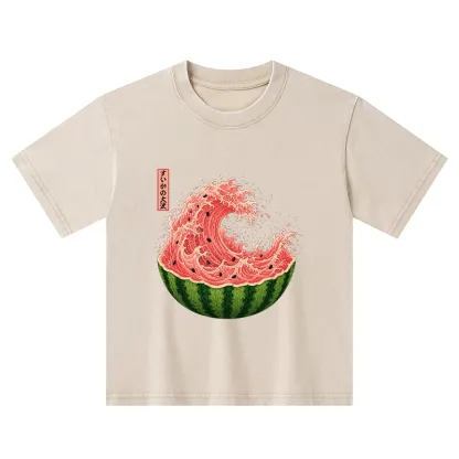 Tokyo-Tiger Watermelon Wave Summer Ukiyo Art Kids Washed T-Shirt