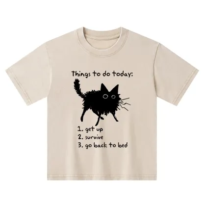 Tokyo-Tiger Lazy Cat Survive Day Funny Meme Kids Washed T-Shirt
