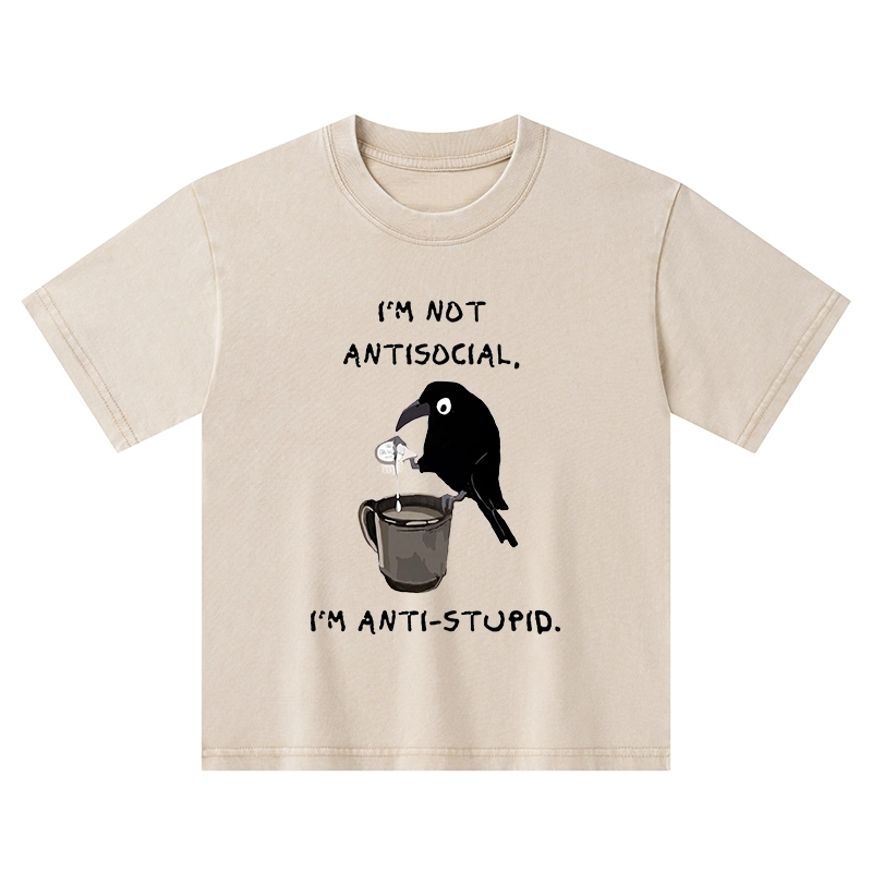 Tokyo-Tiger Cool Crow Sips Calm Coffee Alone Kids Washed T-Shirt