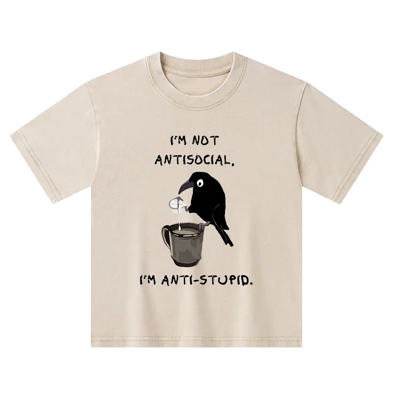 Tokyo-Tiger Cool Crow Sips Calm Coffee Alone Kids Washed T-Shirt