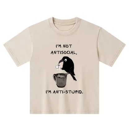 Tokyo-Tiger Cool Crow Sips Calm Coffee Alone Kids Washed T-Shirt