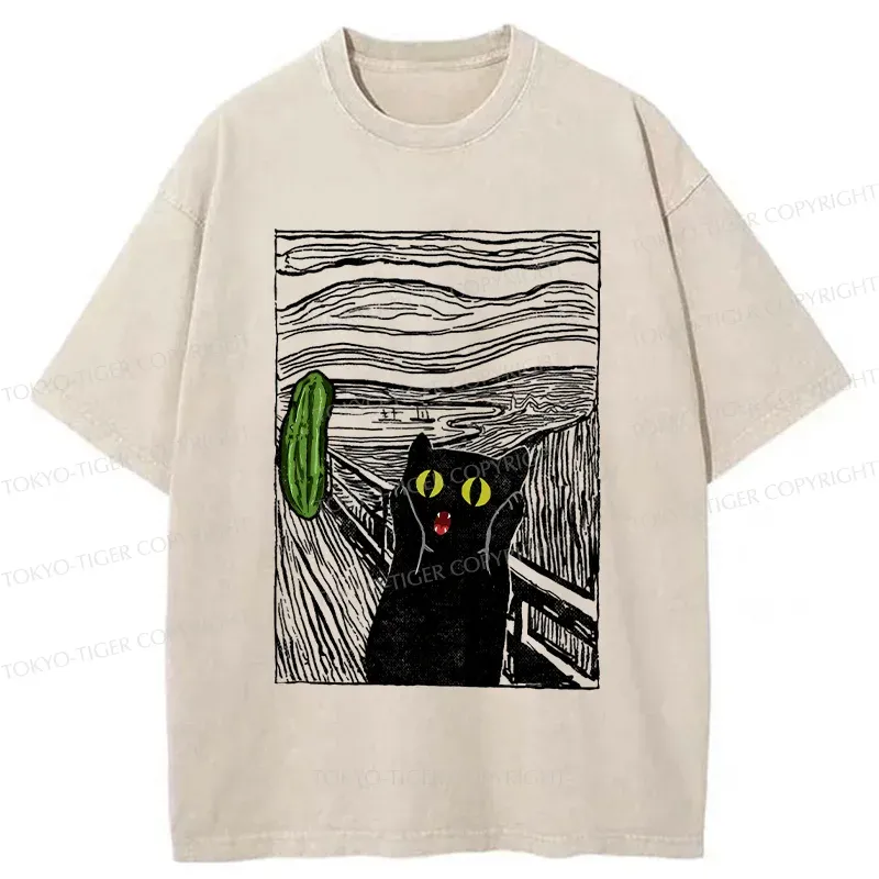 Tokyo-Tiger Cat Afraid Of Cucumbers Washed T-Shirt