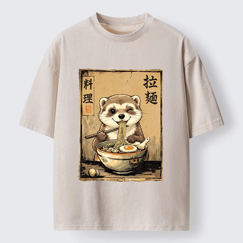 Tokyo-Tiger Ferret Eating Hot Ramen Washed T-Shirt