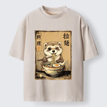 Tokyo-Tiger Ferret Eating Hot Ramen Washed T-Shirt