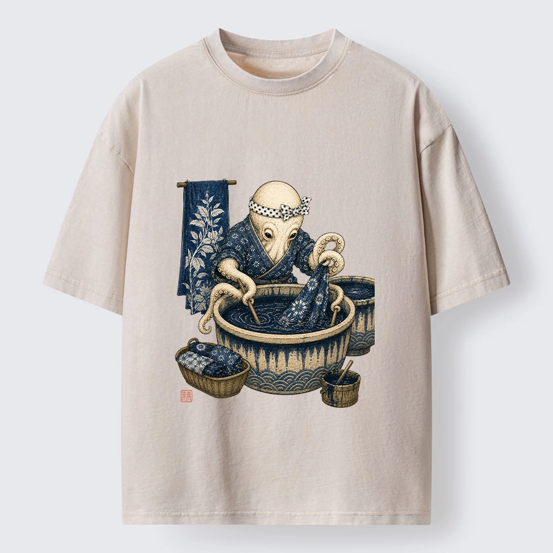 Tokyo-Tiger Kimono Dye Octopus Art Washed T-Shirt