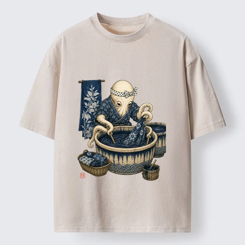 Tokyo-Tiger Kimono Dye Octopus Art Washed T-Shirt