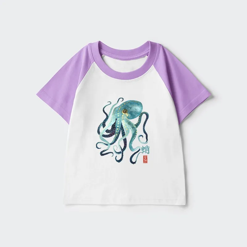 Tokyo-Tiger Soft Watercolor Octopus Japanese Art Kids Raglan T-shirt