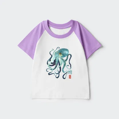 Tokyo-Tiger Soft Watercolor Octopus Japanese Art Kids Raglan T-shirt