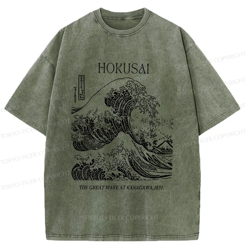 Tokyo-Tiger Retro Ukiyo-e Waves Washed T-Shirt