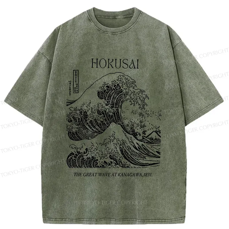 Tokyo-Tiger Retro Ukiyo-e Waves Washed T-Shirt