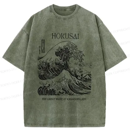Tokyo-Tiger Retro Ukiyo-e Waves Washed T-Shirt