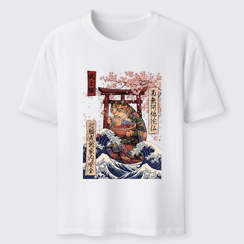 Tokyo-Tiger Samurai Cat Eating Noodles Wave Scene Classic T-Shirt