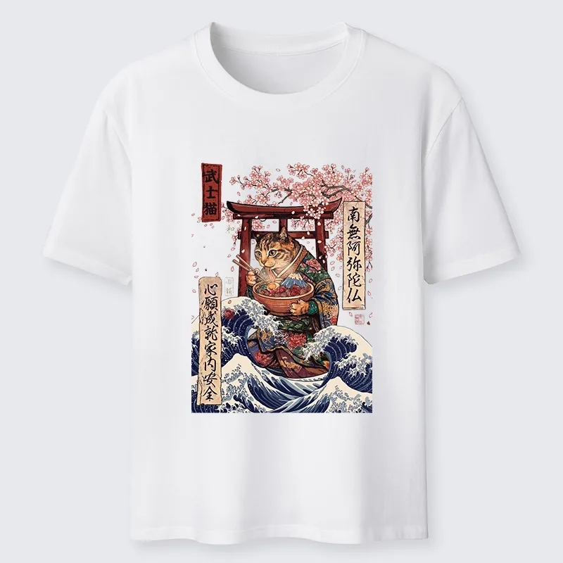 Tokyo-Tiger Samurai Cat Eating Noodles Wave Scene Classic T-Shirt
