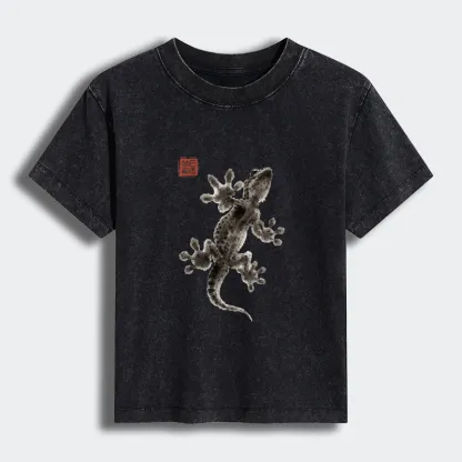 Tokyo-Tiger Minimal Asian Ink Brush Gecko Vibe Women's Washed T-shirt