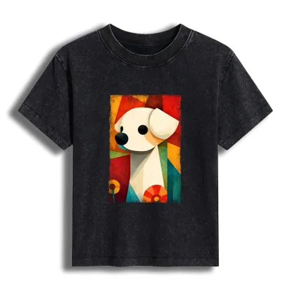 Tokyo-Tiger Retro Abstract Color Block Puppy Art Women's Washed T-shirt