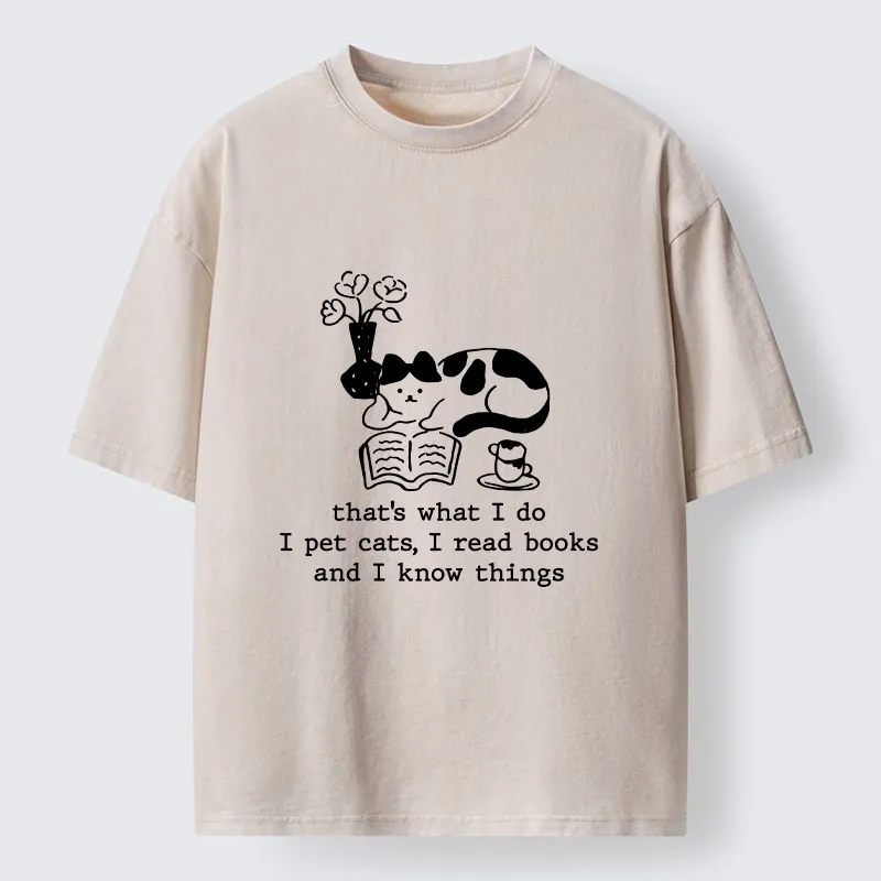 Tokyo-Tiger Book Loving Coffee Cat Washed T-Shirt