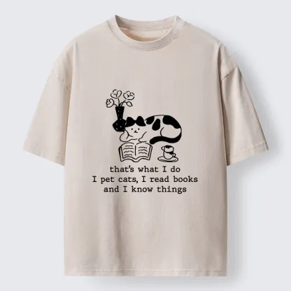 Tokyo-Tiger Book Loving Coffee Cat Washed T-Shirt