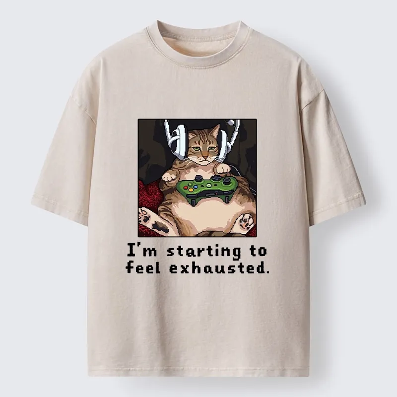 Tokyo-Tiger Exhausted Gamer Cat Washed T-Shirt