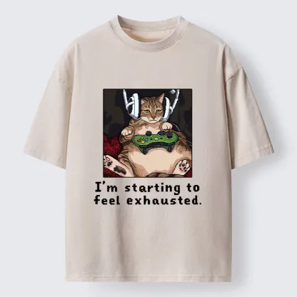 Tokyo-Tiger Exhausted Gamer Cat Washed T-Shirt