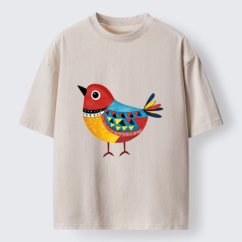 Tokyo-Tiger Folk Art Color Bird Washed T-Shirt