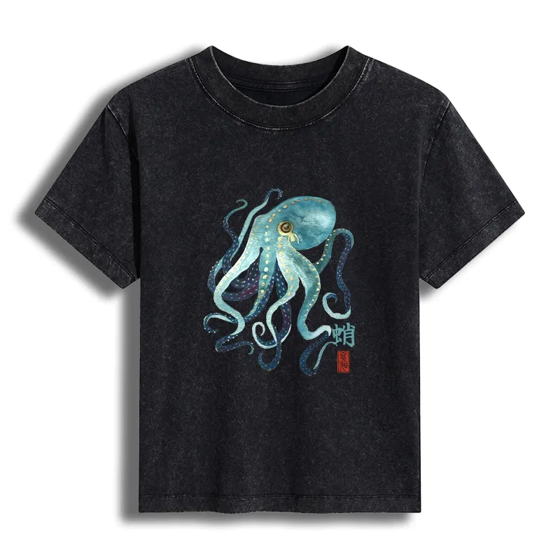 Tokyo-Tiger Soft Watercolor Octopus Japanese Art Women's Washed T-shirt