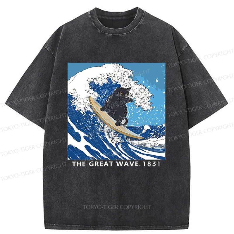 Tokyo-Tiger Cat Surfing Funny Washed T-Shirt