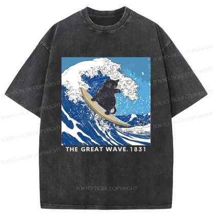 Tokyo-Tiger Cat Surfing Funny Washed T-Shirt