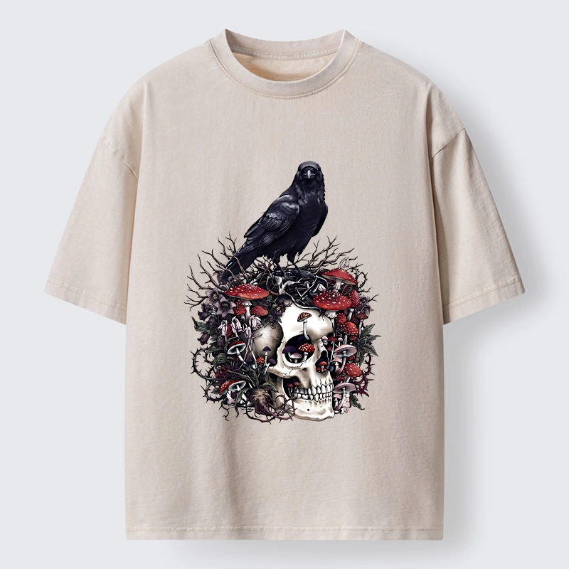 Tokyo-Tiger Crow Skull Mushroom Art Washed T-Shirt