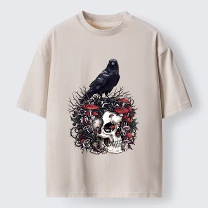 Tokyo-Tiger Crow Skull Mushroom Art Washed T-Shirt