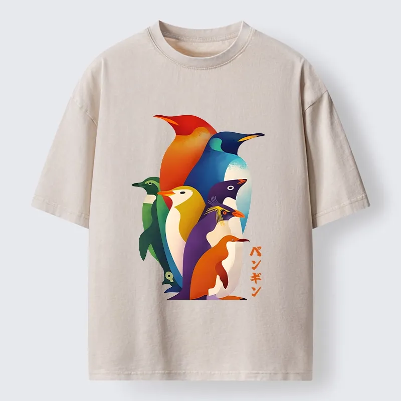 Tokyo-Tiger Cute Multi Tone Penguins Washed T-Shirt