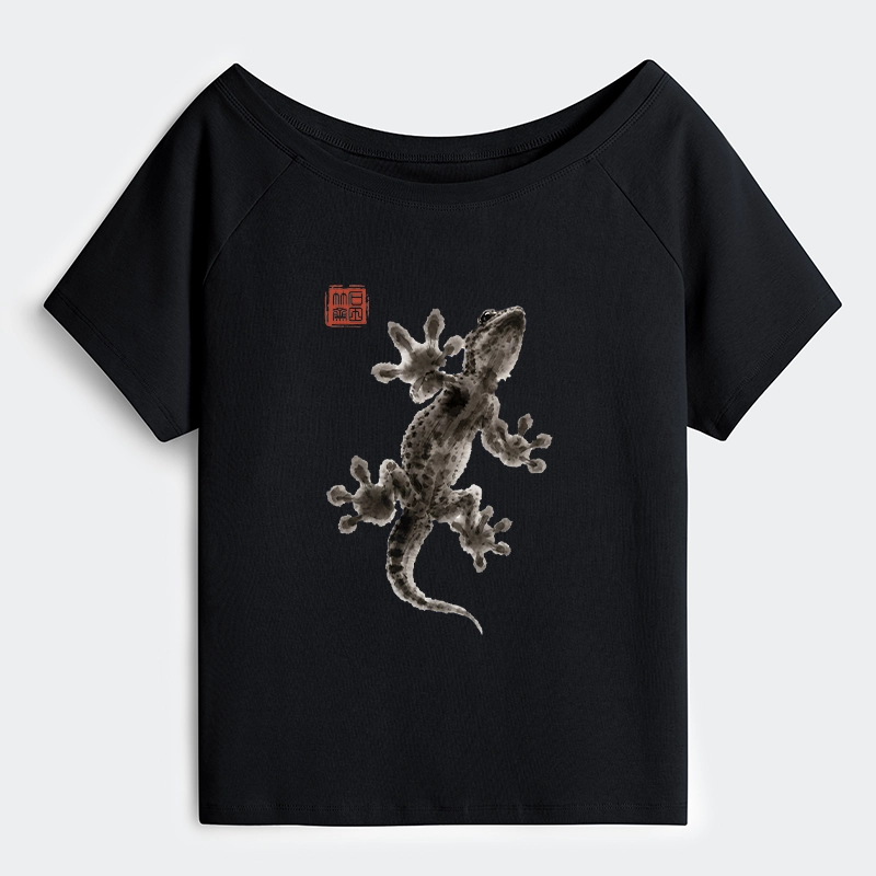Tokyo-Tiger Minimal Asian Ink Brush Gecko Vibe Off Shoulder T-Shirt