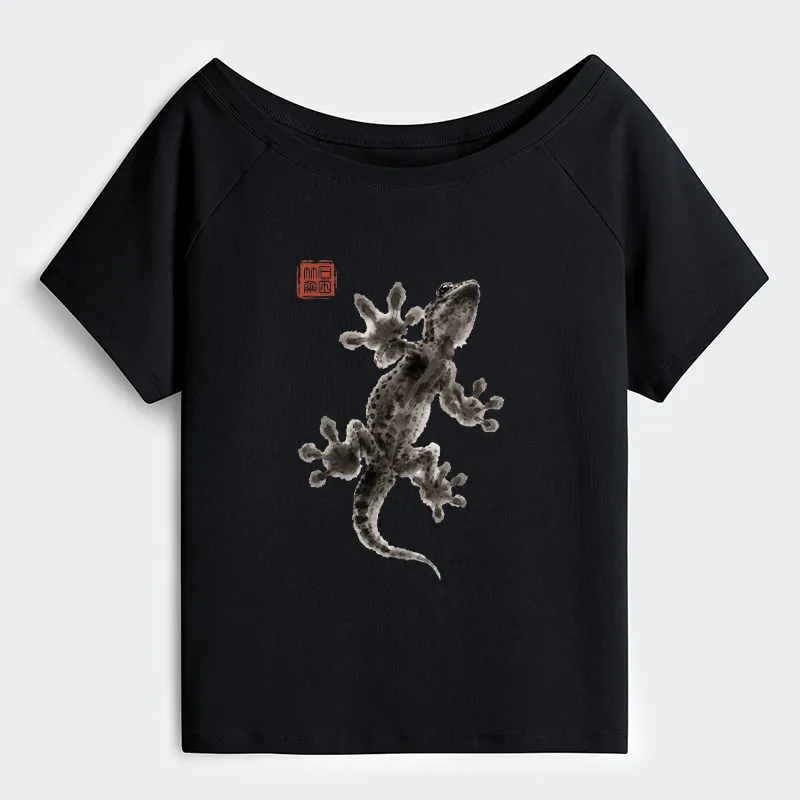 Tokyo-Tiger Minimal Asian Ink Brush Gecko Vibe Off Shoulder T-Shirt