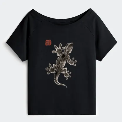 Tokyo-Tiger Minimal Asian Ink Brush Gecko Vibe Off Shoulder T-Shirt