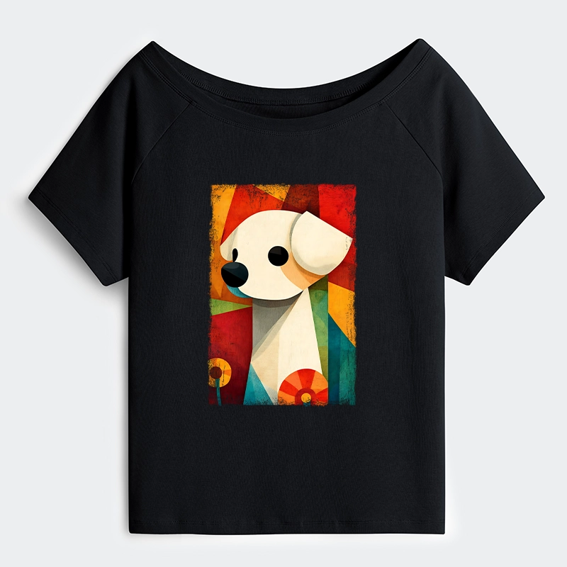Tokyo-Tiger Retro Abstract Color Block Puppy Art Off Shoulder T-Shirt