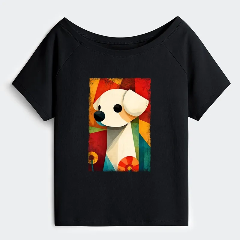 Tokyo-Tiger Retro Abstract Color Block Puppy Art Off Shoulder T-Shirt