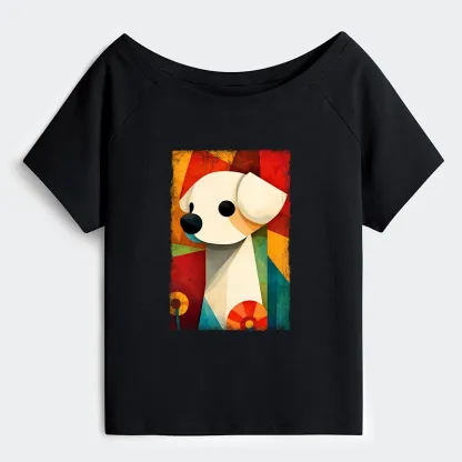 Tokyo-Tiger Retro Abstract Color Block Puppy Art Off Shoulder T-Shirt