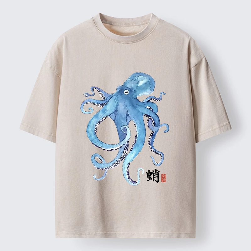 Tokyo-Tiger Watercolor Blue Octopus Washed T-Shirt