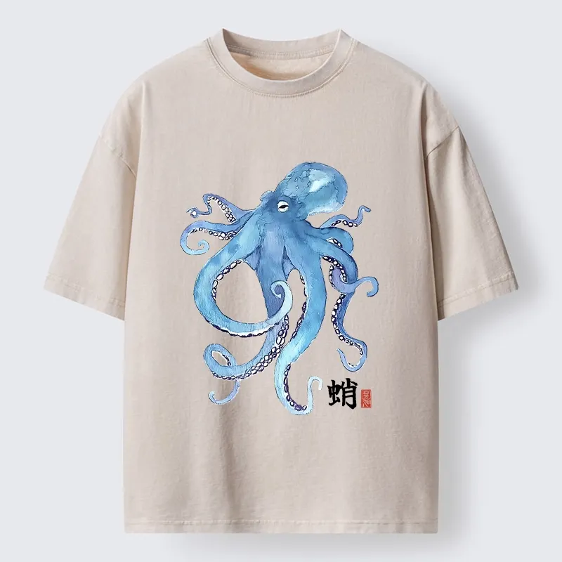 Tokyo-Tiger Watercolor Blue Octopus Washed T-Shirt