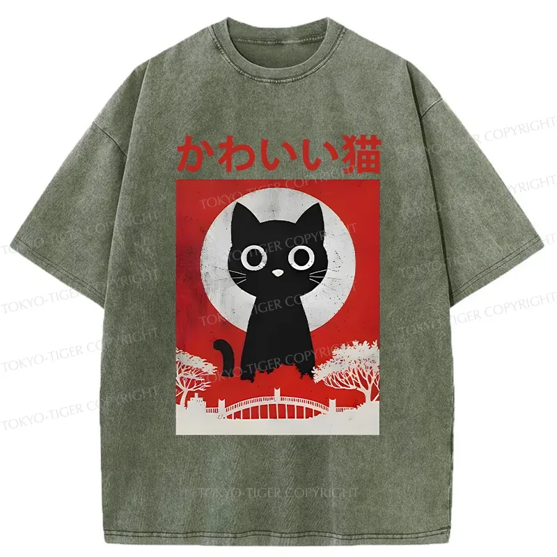 Tokyo-Tiger Cute Retro Cat Washed T-Shirt