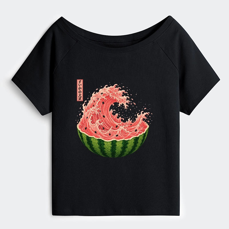Tokyo-Tiger Watermelon Wave Summer Ukiyo Art Off Shoulder T-Shirt