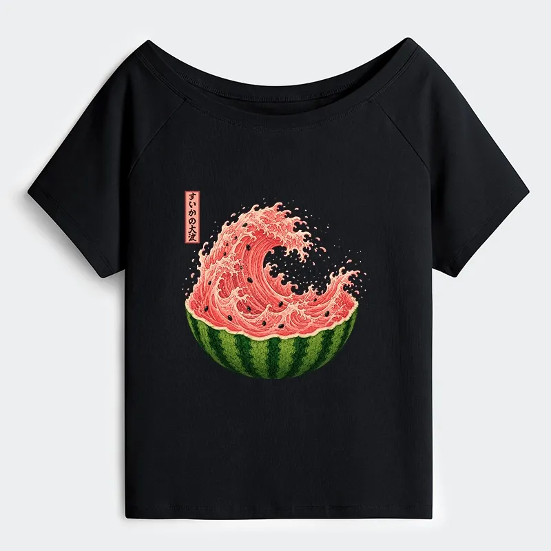 Tokyo-Tiger Watermelon Wave Summer Ukiyo Art Off Shoulder T-Shirt