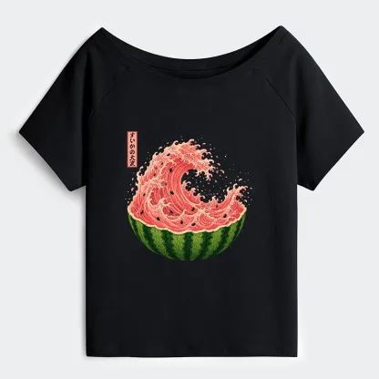 Tokyo-Tiger Watermelon Wave Summer Ukiyo Art Off Shoulder T-Shirt