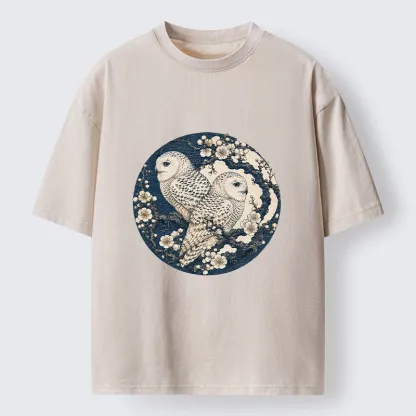 Tokyo-Tiger Snow Owl Plum Blossom Art Washed T-Shirt