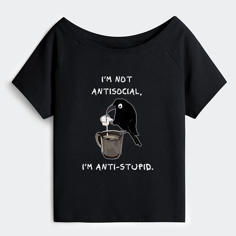 Tokyo-Tiger Cool Crow Sips Calm Coffee Alone Off Shoulder T-Shirt