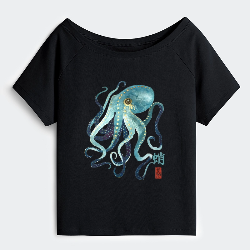 Tokyo-Tiger Soft Watercolor Octopus Japanese Art Off Shoulder T-Shirt