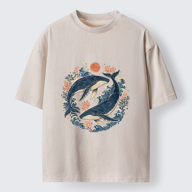 Tokyo-Tiger Twin Whale Wave Ukiyo Washed T-Shirt
